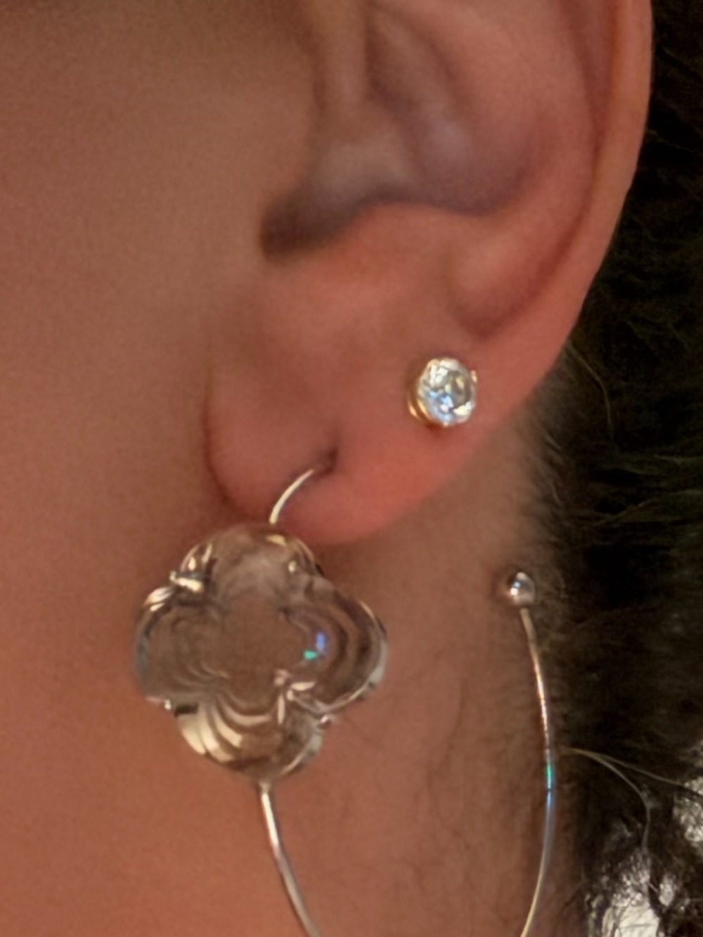 Preloved Louis Vuitton Silver Floral Hoop Drop Earrings with Clear Stud - Picture 1 of 6